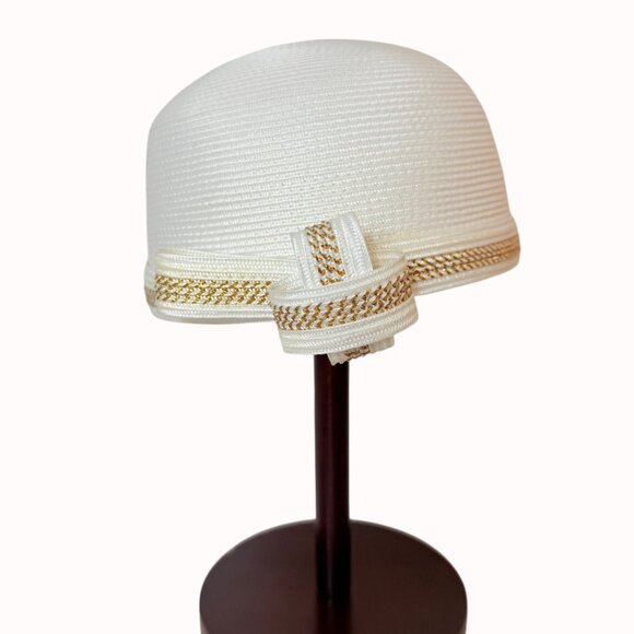 White Pillbox Hat Gold Trim Bow VTG August Accessories Church Derby Fascinator main image 14